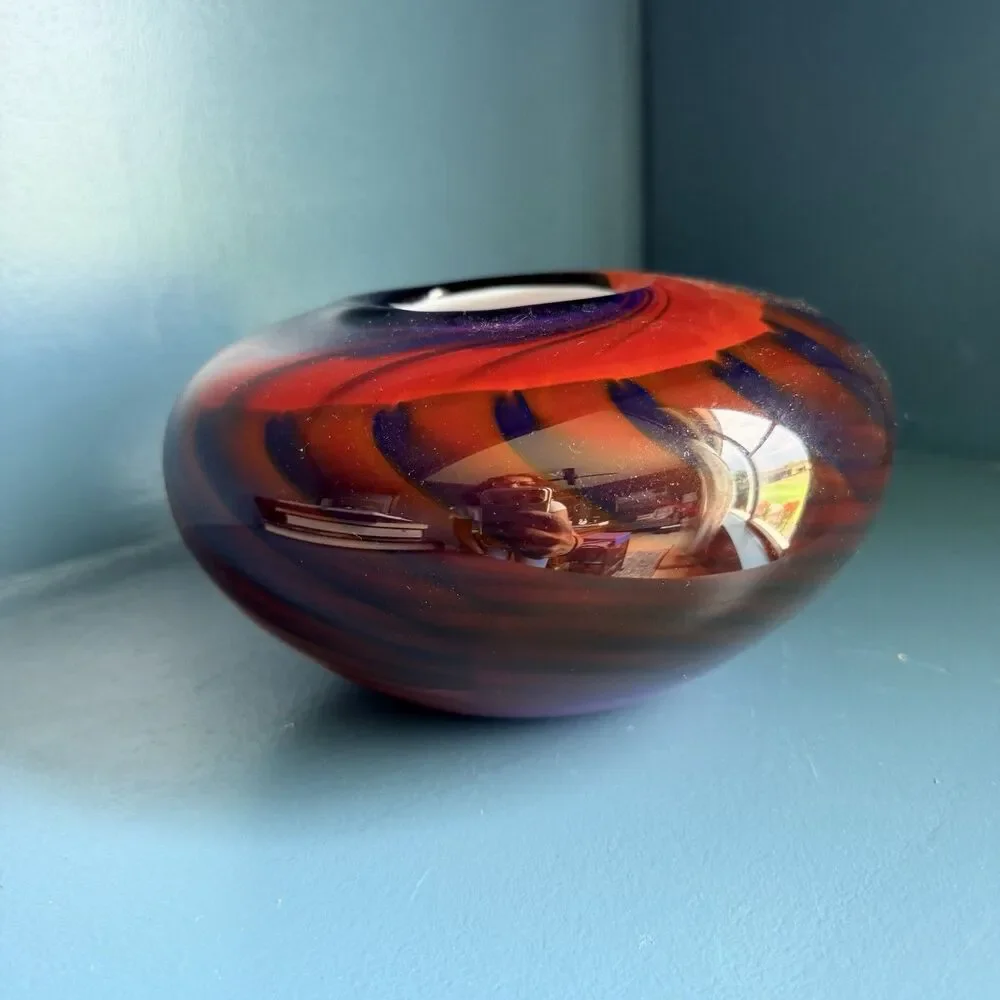 Vintage Hand Blown Studio Art Glass Vase Signed 53 7” Diameter 4” Tall Murano